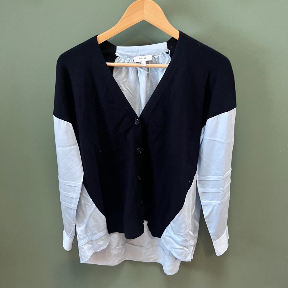 REISS London Addison Color Block Relaxed Cardigan Navy Light Blue Cashmere sz‎ 2
